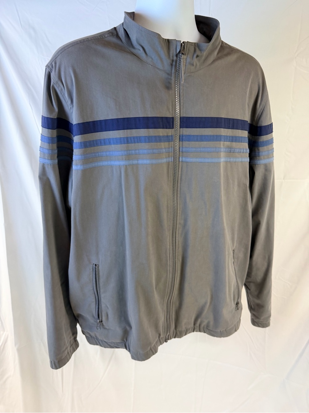Marine Layer Gray Windbreaker with Navy and Light Blue Stripes